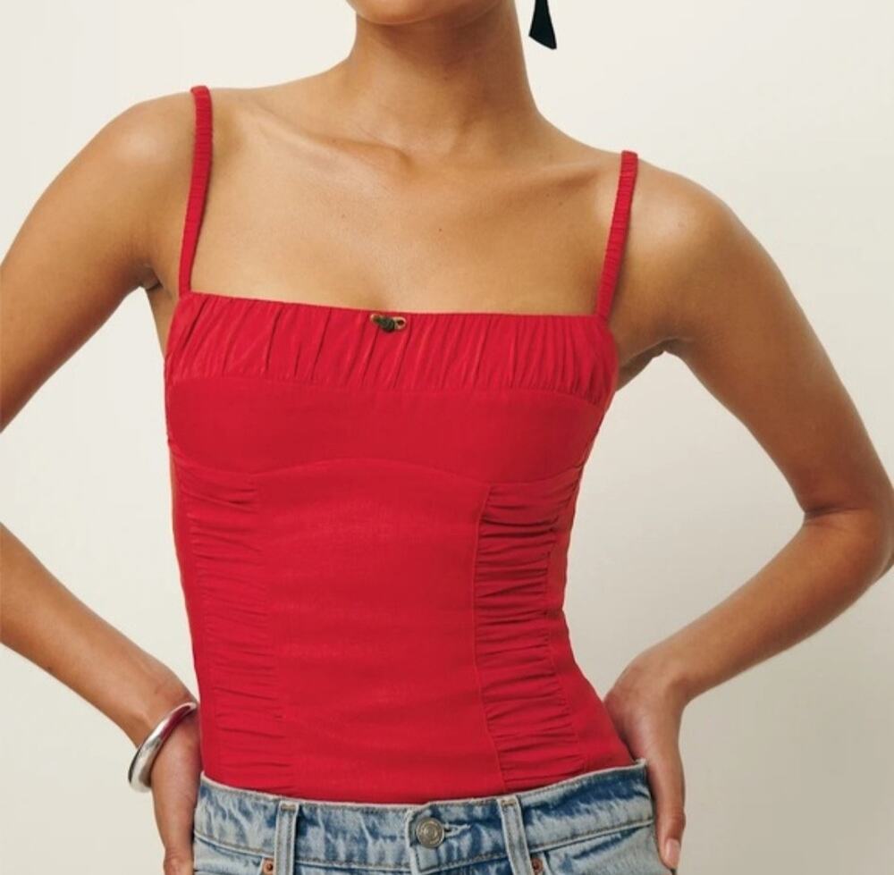 Reformation Emery Linen Top in Lipstick Red Rose Bustier Cami Smocked Size 4 NWT